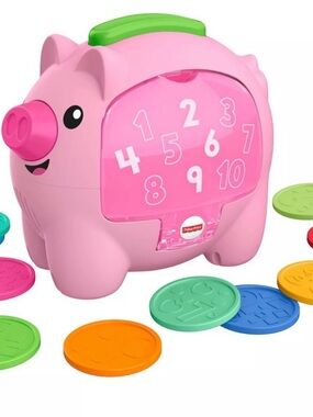 Fisher-Price Pink Piggy Counting Bank with Green Handle and Multicolor Coins